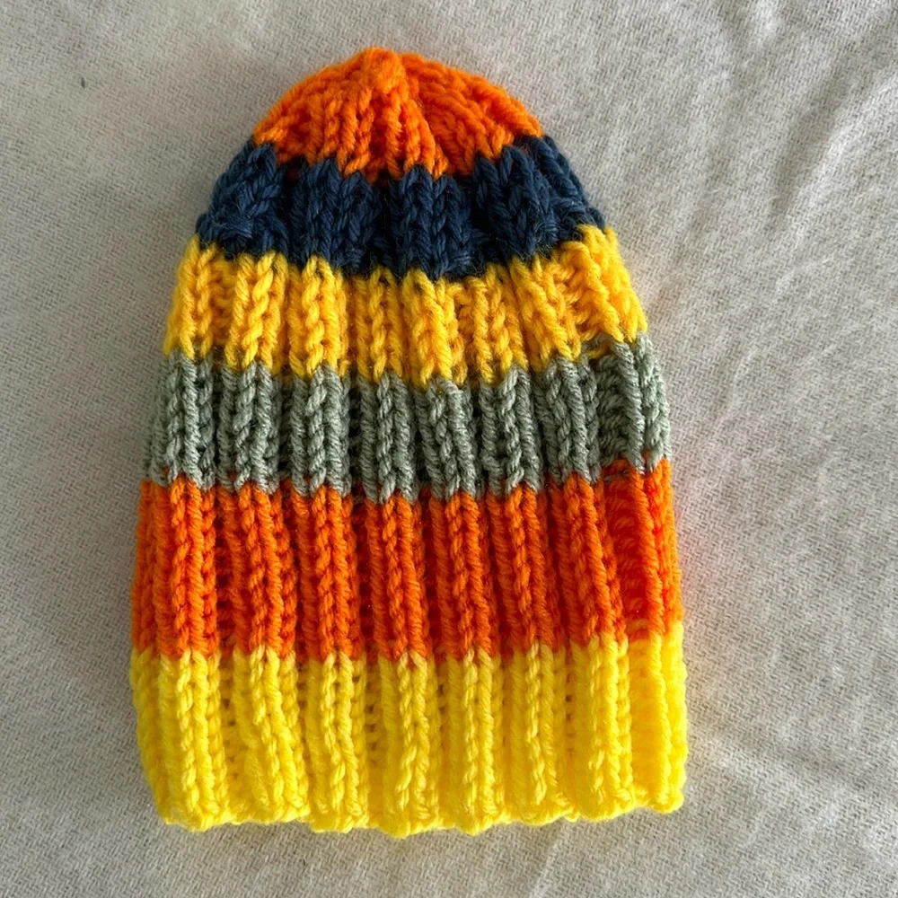 Hand-knit striped beanie in yellow, orange, sage and blue - Picture 1 of 2